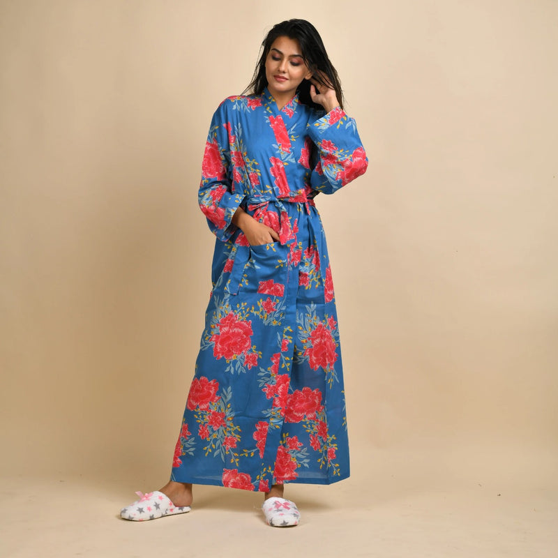 BLUE PURE COTTON HAND PRINTED BATHROBE