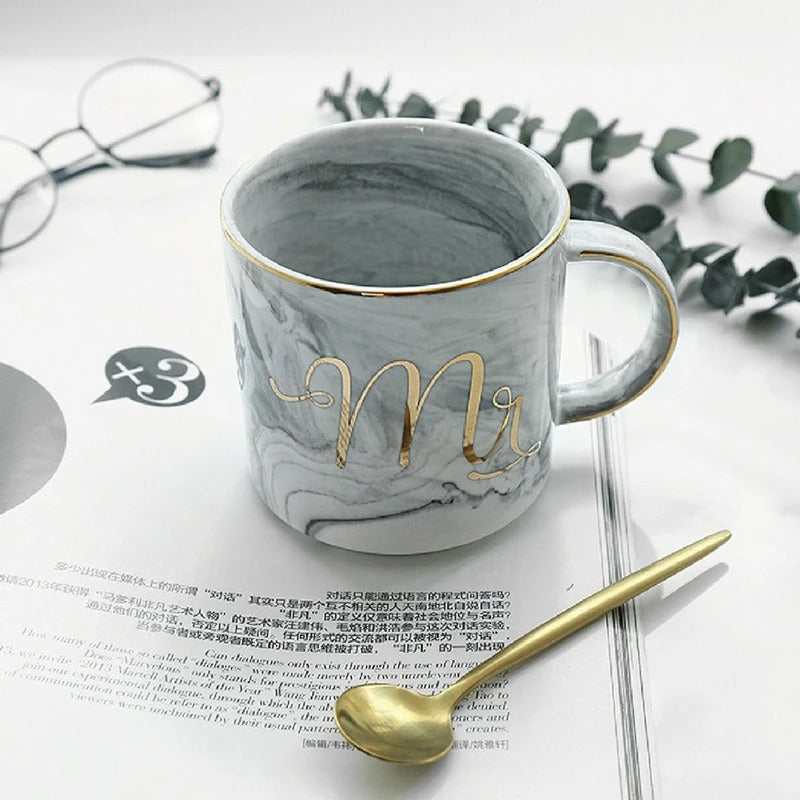 MR. MARBLE TEXTURED CERAMIC MUG WITH METAL SPOON