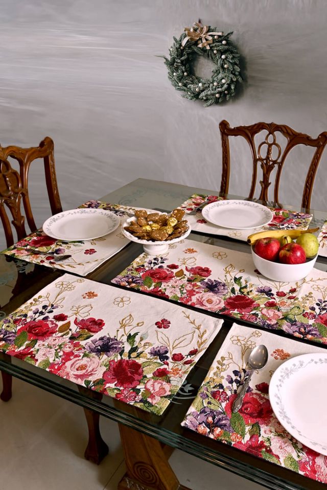 WINTER BLOSSOM TABLE MATS - SET OF 6 & 1 RUNNER, MULTICOLOR